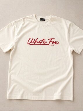 White Fox Cream Tee with Red Script Logo